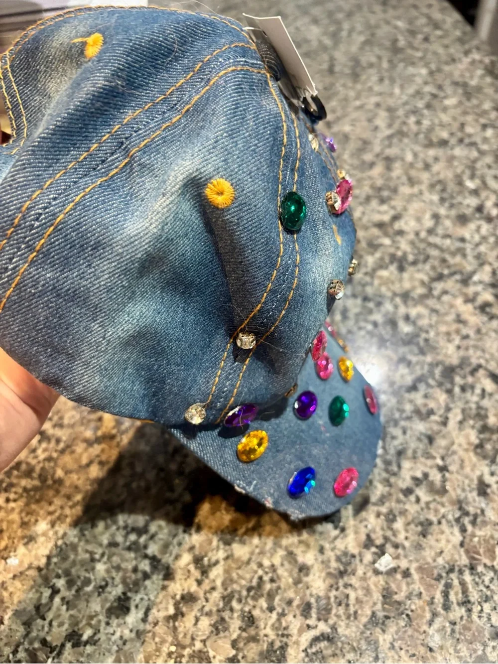 Denim distressed Cap with Multi-Colored Gem Embellishments🩷💛❤️💙NWT